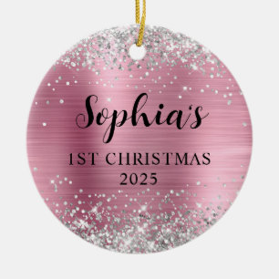 Silber Glitter Hellrosa Folie 1. Weihnachten Foto Keramik Ornament