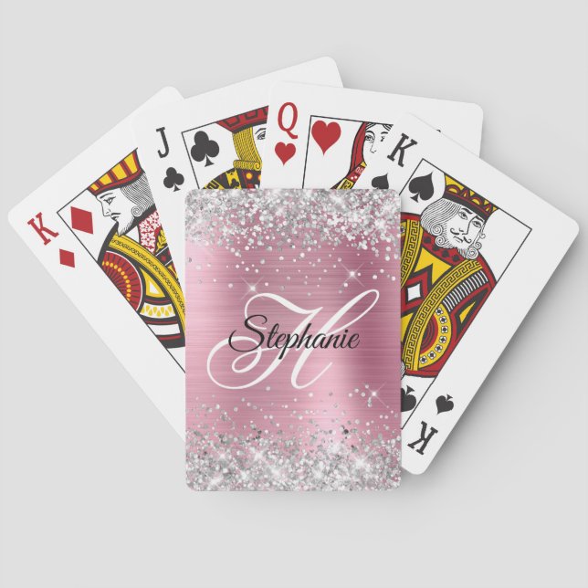 Silber Glitter Hellrosa Folie Fancy Monogramm Spielkarten (Rückseite)
