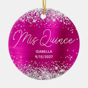 Silber Glitter Hot Pink Fancy Mis Quince Foto Keramik Ornament