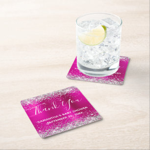 Silber Glitter Hot Pink Folie Baby Shower Danke Rechteckiger Pappuntersetzer