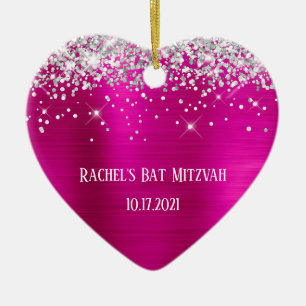 Silber Glitter Hot Pink Folie Bat Mitzwa Keramik Ornament