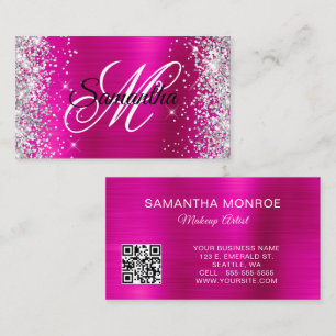 Silber Glitter Hot Pink Folie Monogramm QR Code Visitenkarte