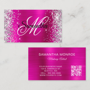 Silber Glitter Hot Pink Folie und QR-Code Monogram Visitenkarte