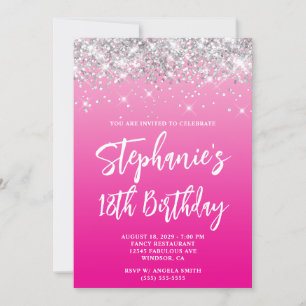 Silber Glitter Hot Pink Ombre Bold 18. Geburtstag Einladung