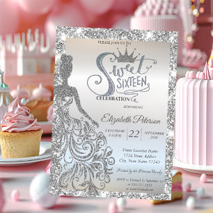Silber Glitter Kleid, Tiara Funkeln Sweet 16 Einladung