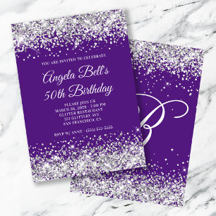 Silber Glitter Königliches Lila Monogramm 50. Gebu Einladung