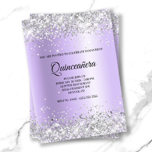 Silber Glitter Lavendel Satin Folie Quinceanera Einladung