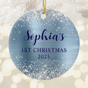 Silber Glitter Light Blau Folie 1. Weihnachten Fot Keramik Ornament