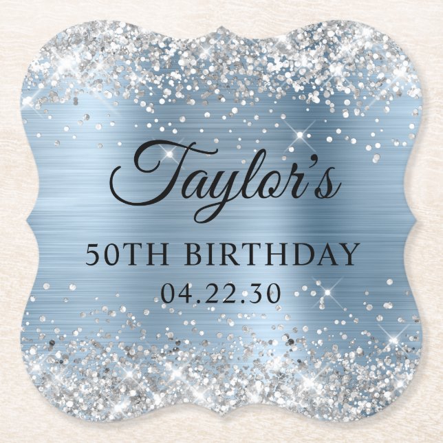 Silber Glitter Light Blau Folie 50. Geburtstag Untersetzer (Vorderseite)