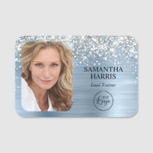 Silber Glitter Light Blue Folien-Logo und Foto Namensschild