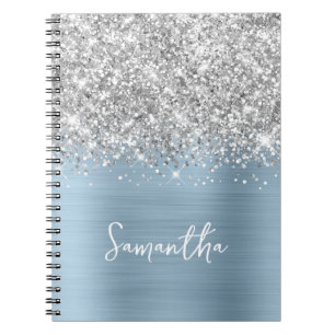Silber Glitter Light Dusty Blau Glam Schrift Name Notizblock