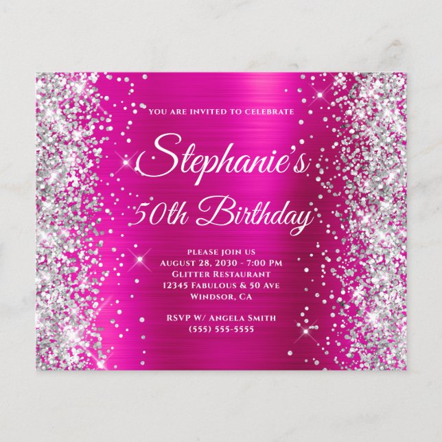 Silber Glitter Magenta Folien-Monogramm 50. Geburt Flyer (Vorne)