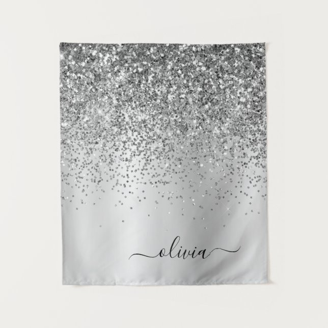 Silber Glitter Metall Monogramm Glam Name Wandteppich (Vorderseite)