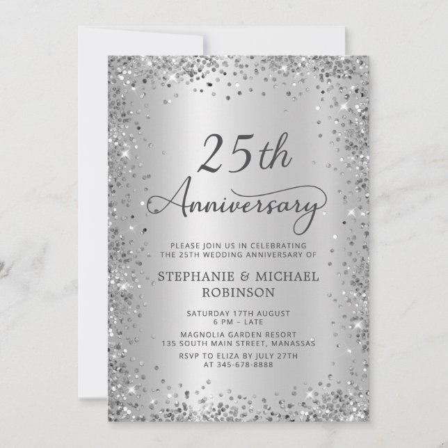 Silber Glitter Metallic 25. Hochzeitstag Einladung (Vorderseite)