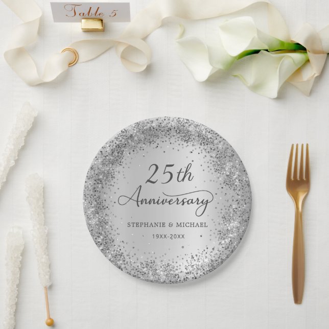 Silber Glitter Metallic 25. Hochzeitstag  Pappteller (Hochzeit)