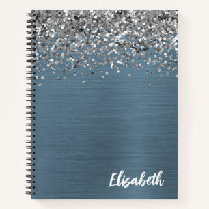Silber Glitter Navy Blau Gebürstete Metall-Monogra Notizbuch