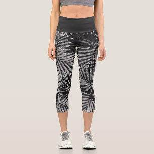 Silber Glitter Palmenbaum Schwarz Modern Abstract Capri Leggings