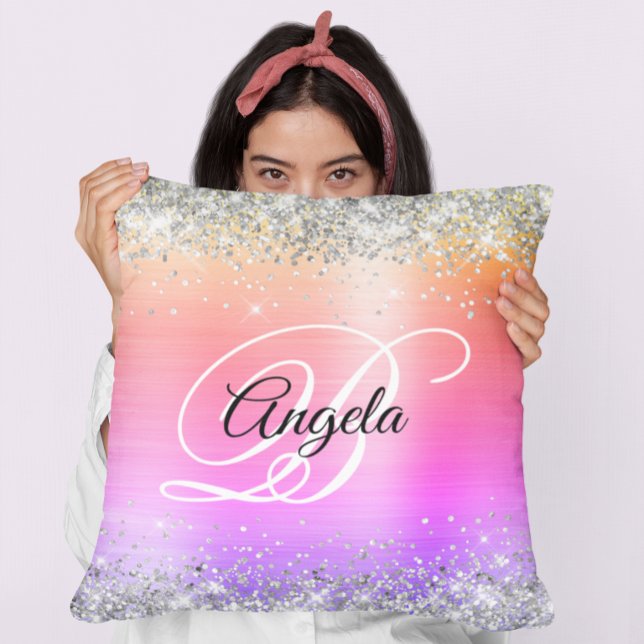 Silber-Glitter-Regenbogen-Folie-Fancy-Monogramm Kissen (Silver Glitter Rainbow Foil Fancy Monogram Throw Pillow)