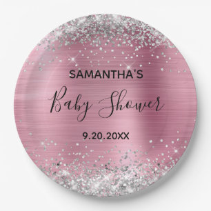 Silber Glitter Rosa Folie Baby Shower Pappteller