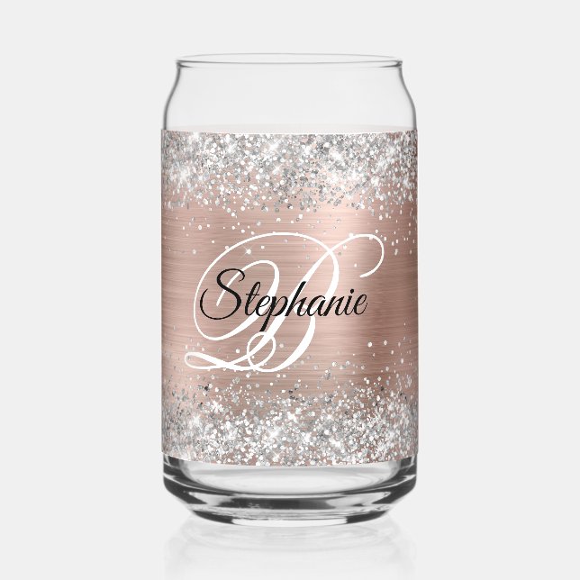 Silber Glitter Rose Gold Glam Fancy Monogramm Dosenglas (Vorderseite)
