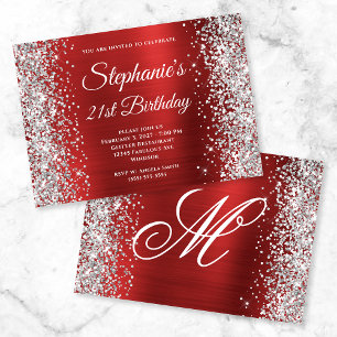 Silber Glitter Rot Fancy Monogram 21. Geburtstag Einladung
