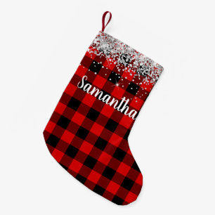 Silber Glitter Rot und Schwarz Buffalo Kariert Kleiner Weihnachtsstrumpf