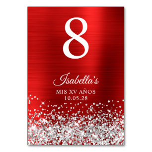 Silber Glitter Rote Folie Mis XV Anos Tischnummer