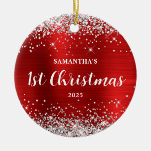Silber Glitter Roter Folie 1. Weihnachten Keramik Ornament