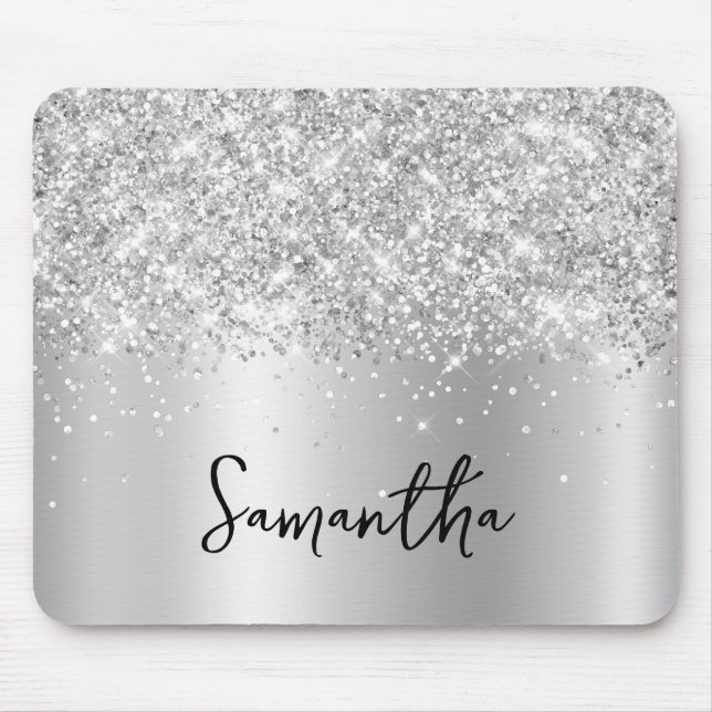Silber Glitter Schimmer Glam Name Mousepad (Vorne)