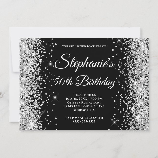 Silber Glitter Schwarz Fancy Monogramm Einladung (Vorderseite)