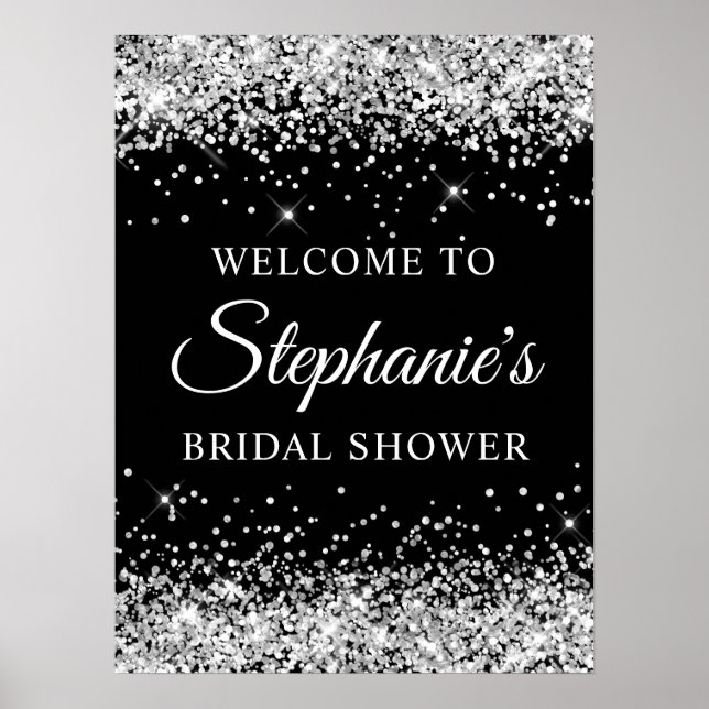 Silber Glitter Schwarz Hochzeitsdusche Willkommen Poster (Vorne)