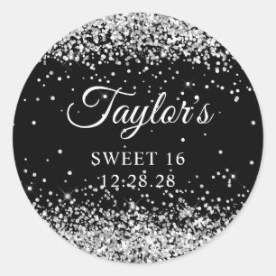Silber Glitter Schwarz Sweet 16 Runder Aufkleber