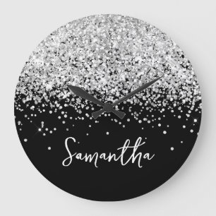 Silber Glitter Schwarze Schrift Name Große Wanduhr