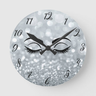 Silber Glitter Schwarze Wimpern Salon Personalisie Runde Wanduhr