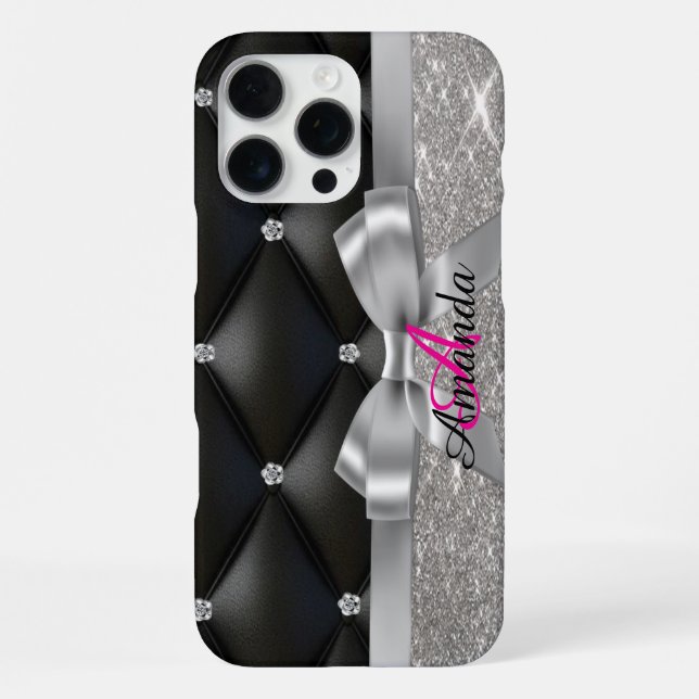 Silber Glitter schwarzes Monogramm  iPhone 16 Pro Max Hülle (Rückseite)