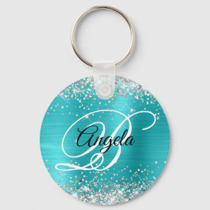 Silber Glitter Türkis Blau Folie Fancy Monogramm Schlüsselanhänger