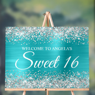 Silber Glitter Türkis Blau Folie Sweet 16 Acrylschild