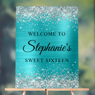 Silber Glitter Türkis Blau Folie Sweet Sixteen Acrylschild