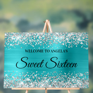 Silber Glitter Türkis Blau Sweet Sixteen Acrylschild
