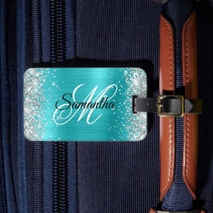 Silber Glitter Türkis Blaue Folie Fancy Monogramm Gepäckanhänger