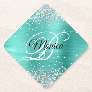 Silber Glitter Türkis Fancy Monogramm Diamant Untersetzer