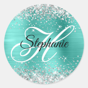 Silber Glitter Türkis Folie Fancy Monogramm Runder Aufkleber