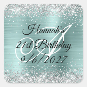 Silber Glitter Türkis Folie Monogramm 21. Geburtst Quadratischer Aufkleber