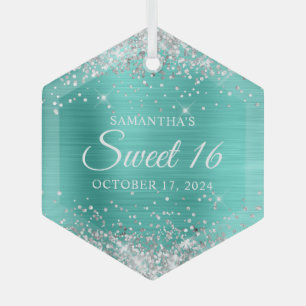 Silber Glitter Türkis Folie Sweet 16 Ornament Aus Glas