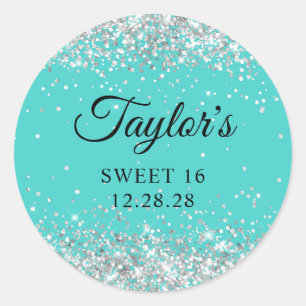 Silber Glitter Türkis Sweet 16 Runder Aufkleber