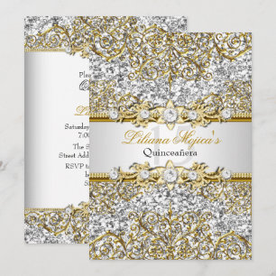 Silber-Glitter- und Gold-Damaskus-Quinceanera-Einl Einladung