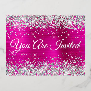 Silber Glitter und Hot Pink Glam Sweet 16 Folie Einladungspostkarte
