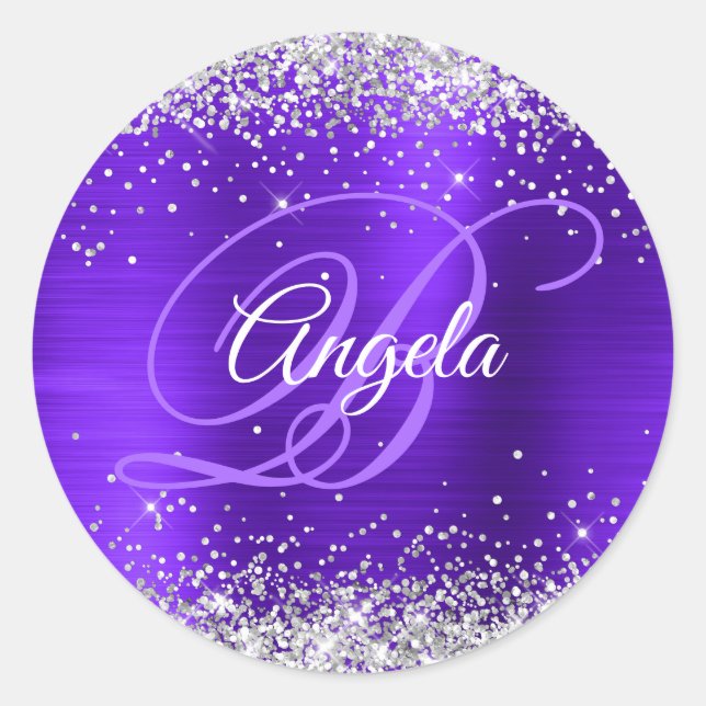 Silber Glitter Veilchen Fancy Monogramm Runder Aufkleber (Vorderseite)