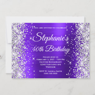 Silber Glitter Violett Fancy Monogramm 40. Geburts Einladung