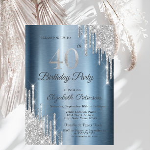 Silber Glittertropfen Blau Metallic 40. Geburtstag Einladung